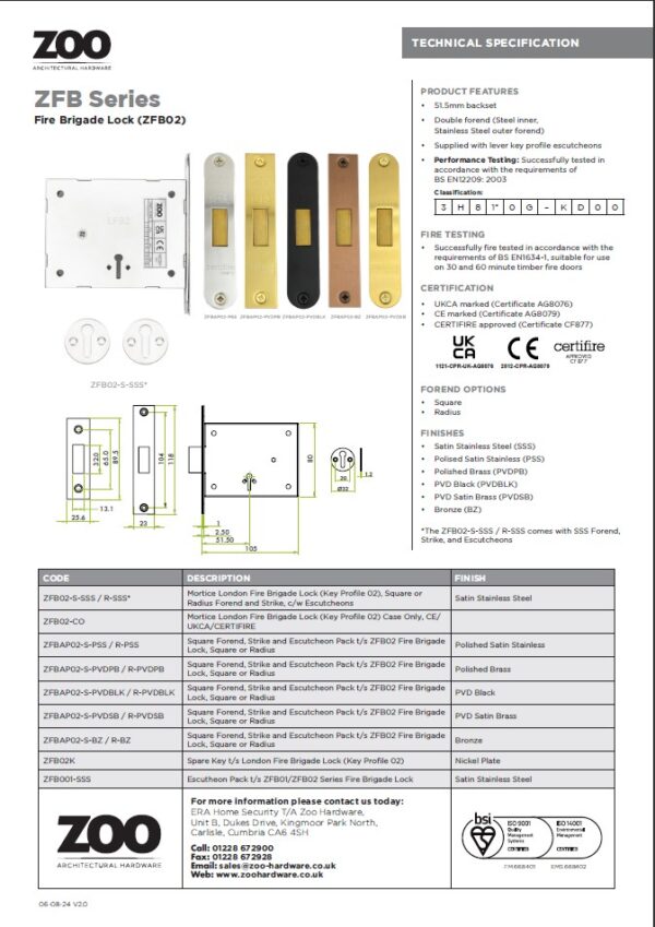 Zoo Hardware FB2 London Fire Brigade Lock Square Forend and Strike, c/w Escutcheons CE/UKCA/CERTIFIRE Satin Stainless Steel - Image 3