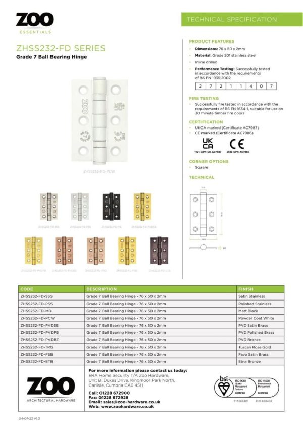 Zoo Hardware Door Hinges Stainless Steel Ball Bearing Grade 7 Certifire UKCA/CE 76mm Favo Satin Brass