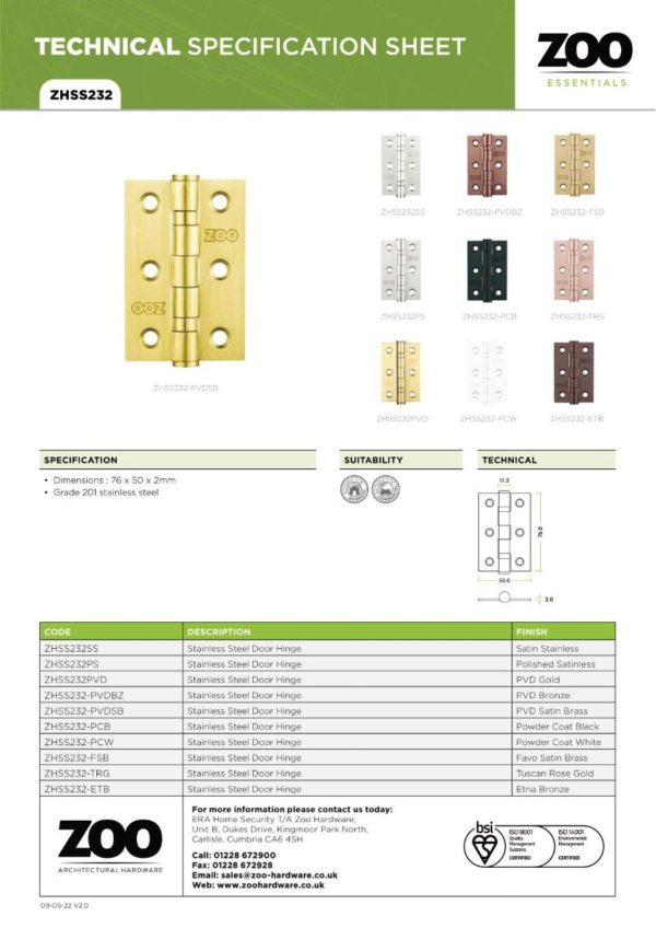 Zoo Hardware ZHSS232-PVDBZ Hinges - Ball Bearing 76mm x 50mm x 2mm Square Corner - PVD Bronze