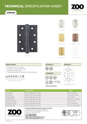 Zoo Hardware ZHSS243-TRG Grade 13 Hinges - Ball Bearing 102mm x 76mm x 3mm Square Corner - Tuscan Rose Gold
