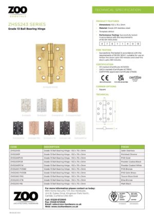 Zoo Hardware ZHSS243 Grade 13 Ball Bearing Hinge Stainless Steel - Grade 201 - 102 x 76 x 3mm Powder coat White
