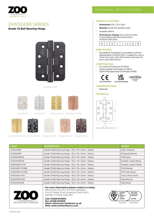 Zoo Hardware ZHSS243R-ETB Grade 13 Hinges - Ball Bearing 102mm x 76mm x 3mm Radius Corner - PVD Etna Bronze - E Coated Coffee