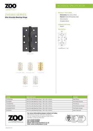 Zoo Hardware ZHSS63MB Slim Knuckle Bearing Hinge Stainless Steel - Grade 201 - 102 x 63 x 2.5mm - Matt Black
