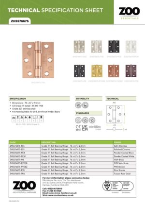 Zoo Hardware ZHSS7667S-PVDBZ Grade 11 Hinges - Ball Bearing 76mm x 67mm x 2.5mm Square Corner - PVD Bronze
