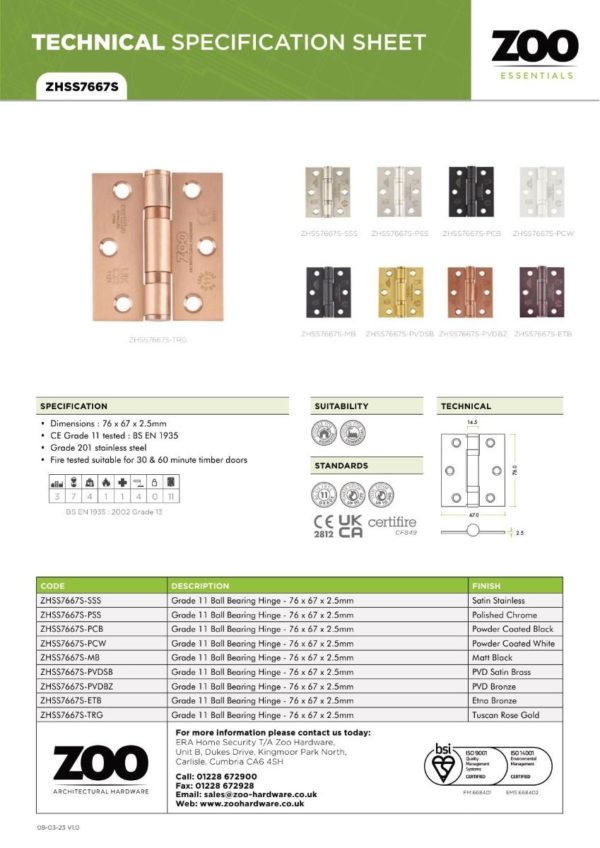 Zoo Hardware ZHSS7667S-PVDBZ Grade 11 Hinges - Ball Bearing 76mm x 67mm x 2.5mm Square Corner - PVD Bronze