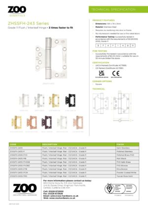 Zoo Hardware Flush / Interleaf Hinge Pair - CE/UKCA - Grade 11 - Powder Coat White ZHSSFH-243S-PCW
