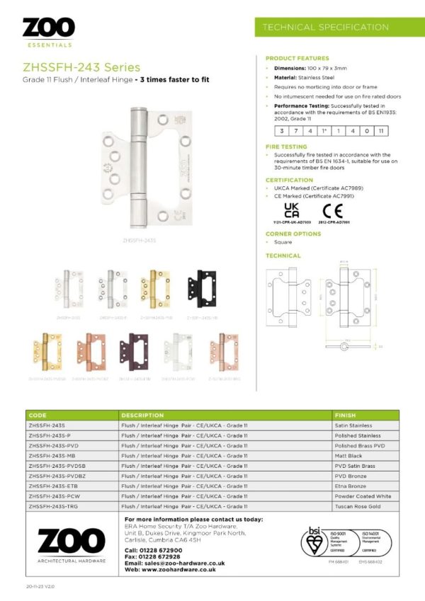 Zoo Hardware Flush / Interleaf Hinge Pair - CE/UKCA - Grade 11 - Powder Coat White ZHSSFH-243S-PCW