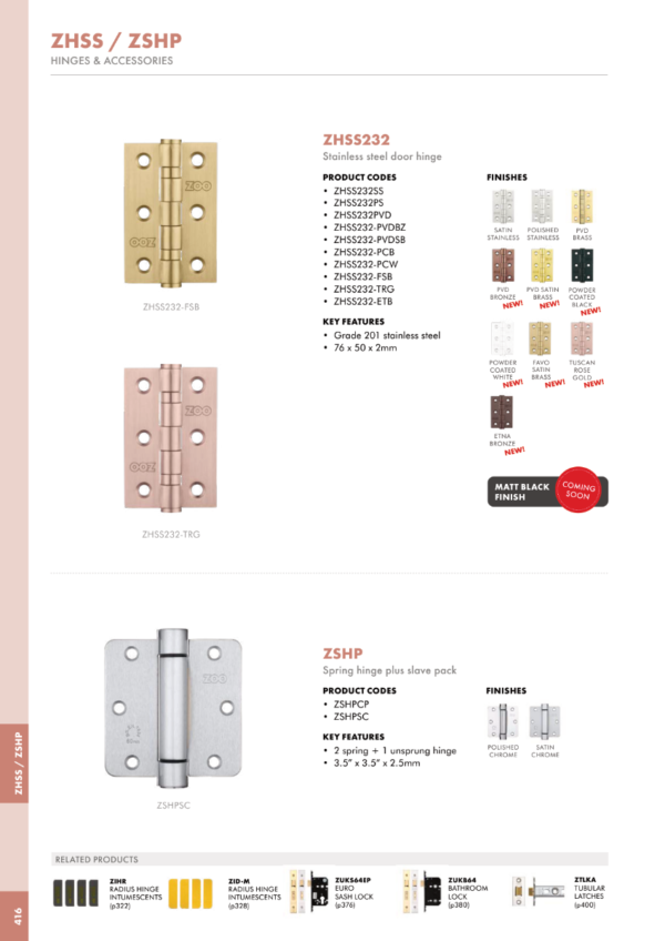 Zoo Hardware Door Hinges Stainless Steel Ball Bearing Grade 7 Certifire UKCA/CE 76mm Favo Satin Brass