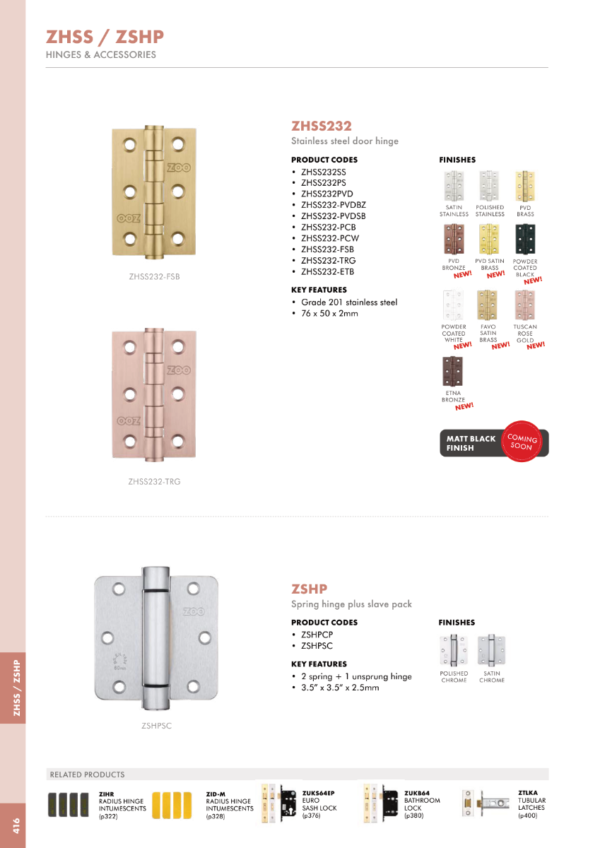 Zoo Hardware Door Hinges Stainless Steel Ball Bearing Grade 7 Certifire UKCA/CE 76mm Tuscan Rose Gold