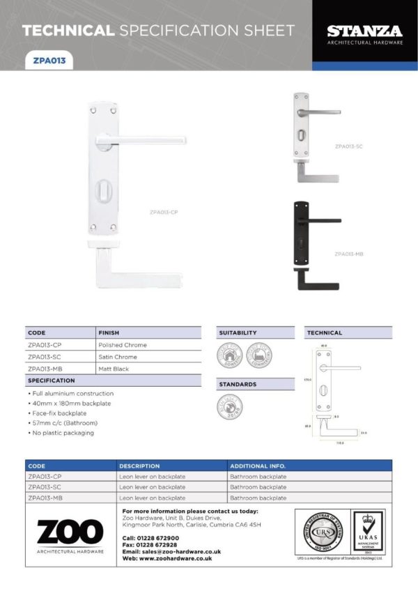 Zoo Hardware ZPA013-SC Leon Door Handle on Bathroom Backplate Satin Chrome