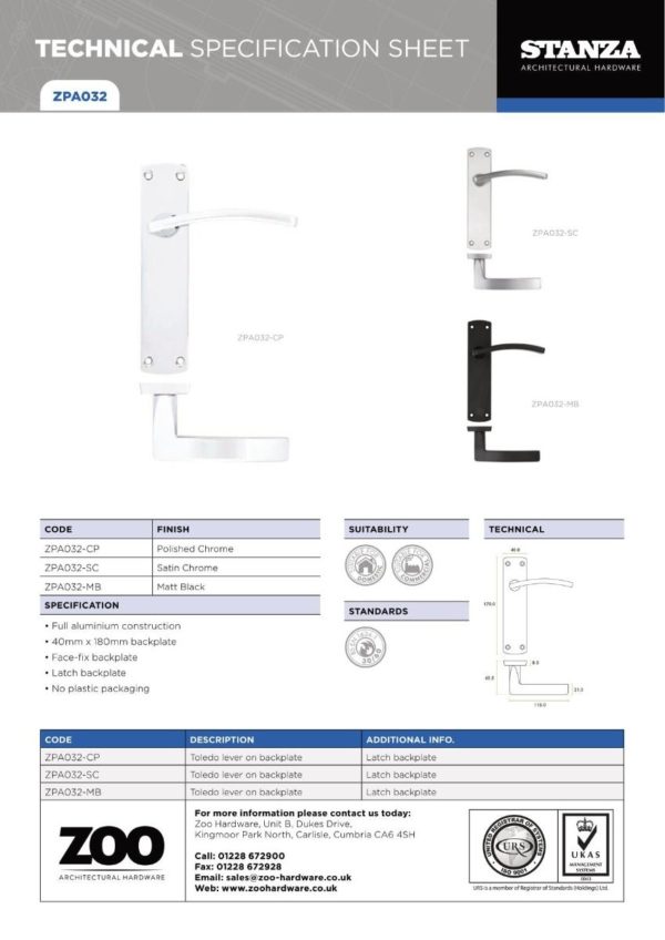 Zoo Hardware ZPA032-SC Toledo Door Handle on Latch Backplate Satin Chrome