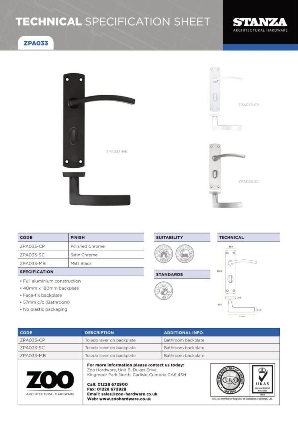 Zoo Hardware ZPA033-SC Toledo Door Handle on Bathroom Backplate Satin Chrome