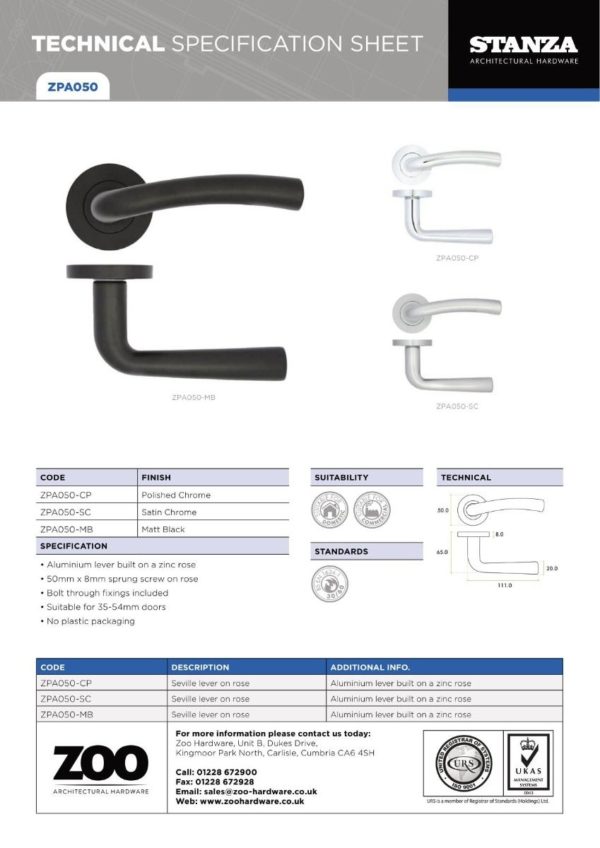 Zoo Hardware ZPA050-SC Seville Door Handle on Rose Satin Chrome