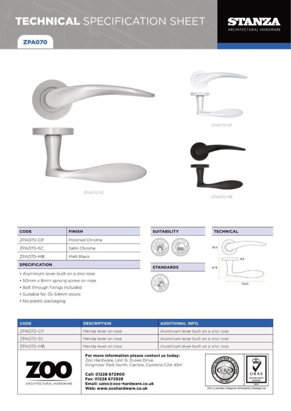 Zoo Hardware ZPA070-SC Merida Door Handle on Rose