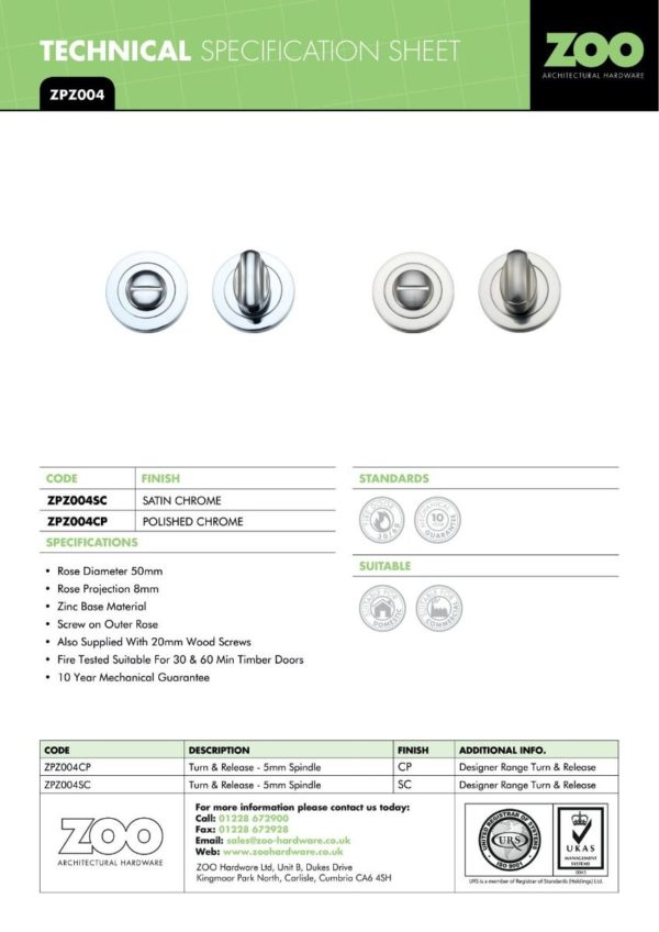 Zoo Hardware ZPZ004-FSB Turn and Release with Escutcheon (50mm Dia.) Pvd Satin Brass