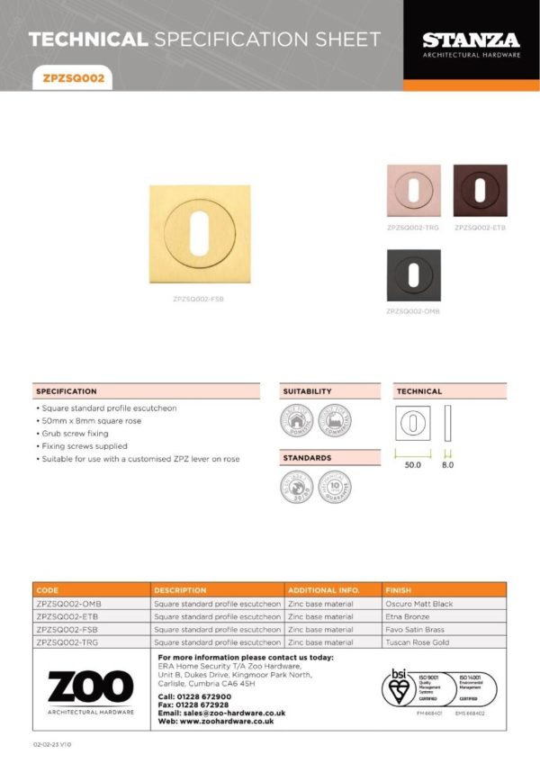 Zoo Hardware ZPZSQ002-TRG Square Escutcheon - Standard Keyway Rose Gold