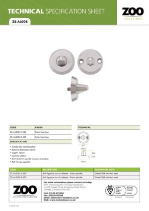 Zoo Hardware ZS-AL008-5-SSS Anti Ligature Turn & release Set -5mm Spindle - Satin St. Steel
