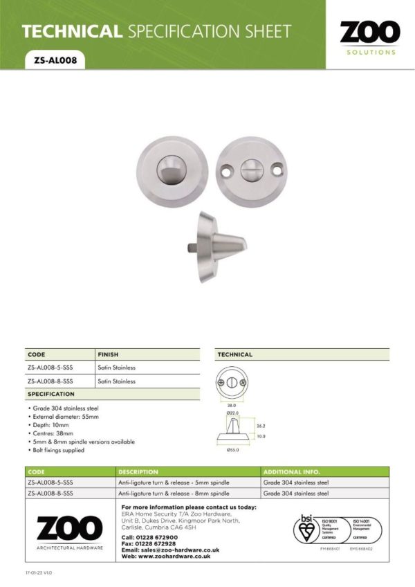 Zoo Hardware ZS-AL008-5-SSS Anti Ligature Turn & release Set -5mm Spindle - Satin St. Steel