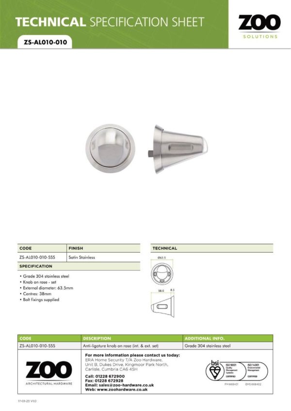 Zoo Hardware ZS-AL010-010 Anti Ligature knob on Rose - Int & Ext - Satin St Steel