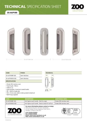 Zoo Hardware ZS-ALP100GS-SSS Anti Ligature Pull Handle 100mm CTC (150mm) Back to Back Fix - Satin St. Steel - Half Set
