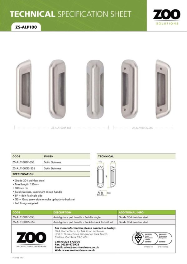 Zoo Hardware ZS-ALP100GS-SSS Anti Ligature Pull Handle 100mm CTC (150mm) Back to Back Fix - Satin St. Steel - Half Set