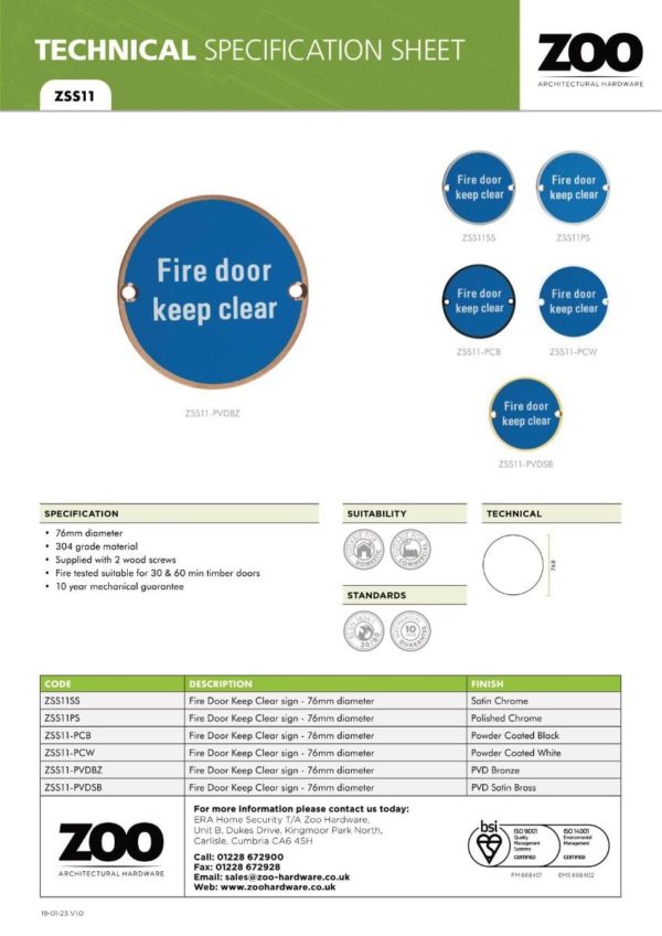 Zoo Hardware ZSS11-PVDSB Signage - Fire Door Keep Clear - 76mm dia PVD Satin Brass