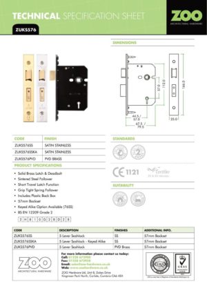 Zoo Hardware ZUKS576PVDKA 5 Lever Sash Lock - 76mm C/W PVD Forend and Strike - Keyed Alike
