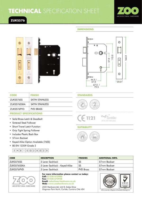 Zoo Hardware ZUKS576PVDKA 5 Lever Sash Lock - 76mm C/W PVD Forend and Strike - Keyed Alike