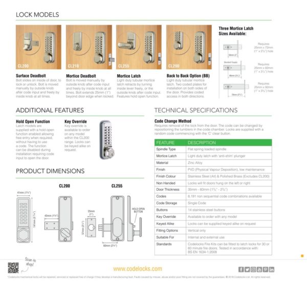 CODELOCKS Mechanical Digital Locks 200 series Mortice Latch Back to Back Stainless Steel