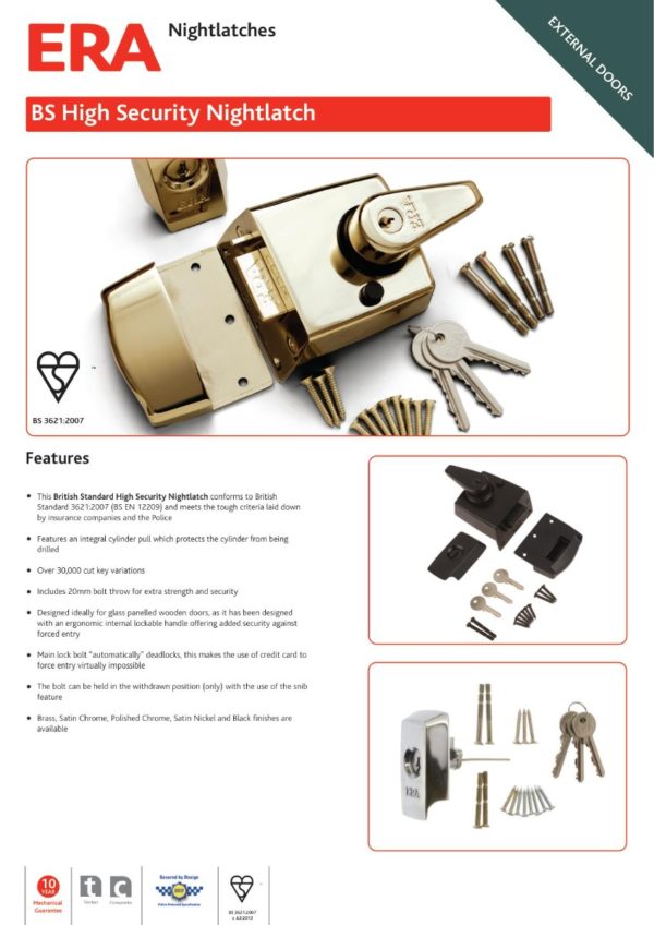 Era British Standard Double Locking High Security Nightlatch Door Lock 40mm Backset 1830 Satin Nickel