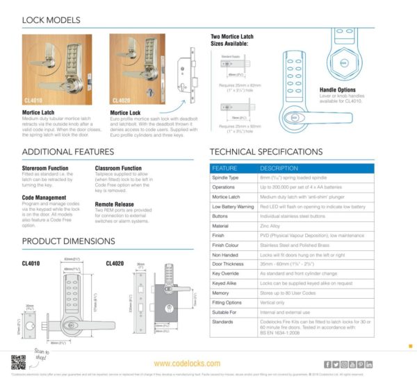CODELOCKS CL4000 Electronic Digital Lock Tubular Mortice Latch PVD P/Brass