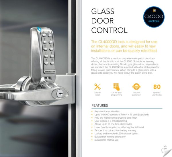 CODELOCKS CL4000 Electronic Digital Lock Glass Door Lock Brushed Steel - Left Hand