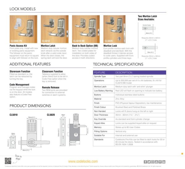 CODELOCKS CL5000 Electronic Digital Lock Tubular Mortice Latch PVD B/Steel