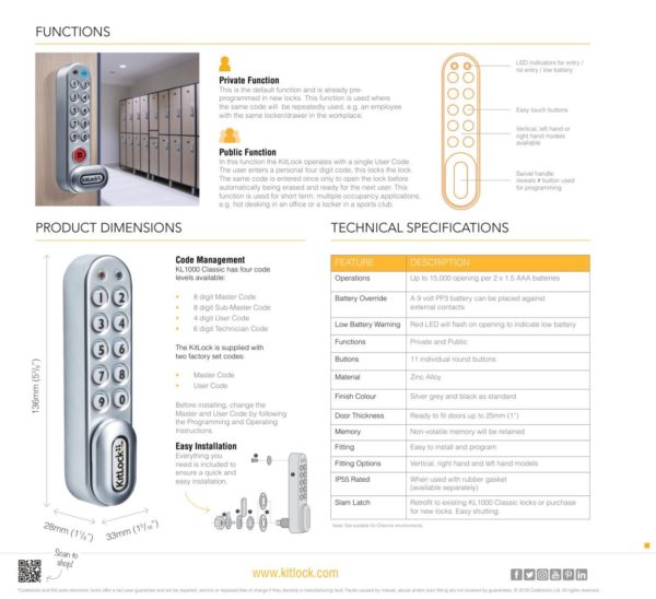 CODELOCKS KL1000 Classic Electronic Kitlock Cabinet Lock Silver Grey Left Hand