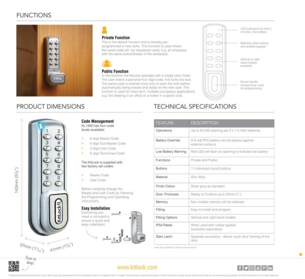CODELOCKS KL1200 Electronic Kitlock Cabinet Lock Silver Grey