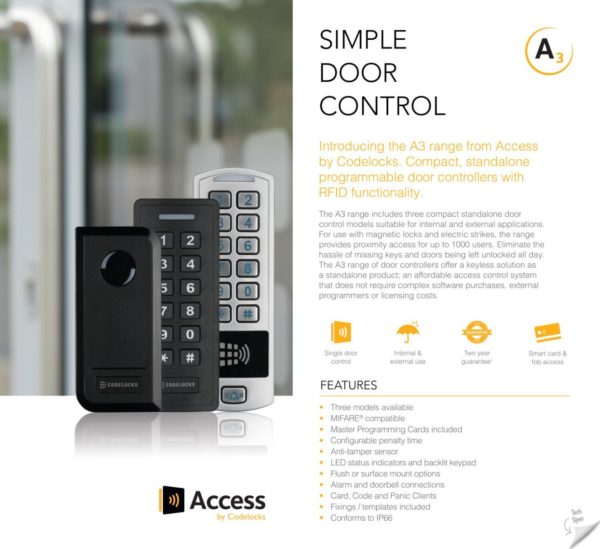 CODELOCKS AL3 Standalone Keypad Door Controller with RFID VR S/Grey