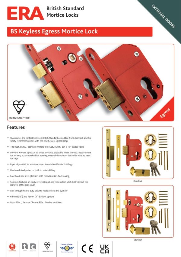 ERA 233-31A BS8621 Euro Mortice Deadlock Keyless Egress 64mm Polished Brass