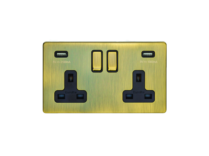 Eurolite Ab2Usbb 2 Gang 13Amp Switched Socket With Combined 3.1 Amp Usb Outlet Flat Concealed Antique Plate Matching Rockers