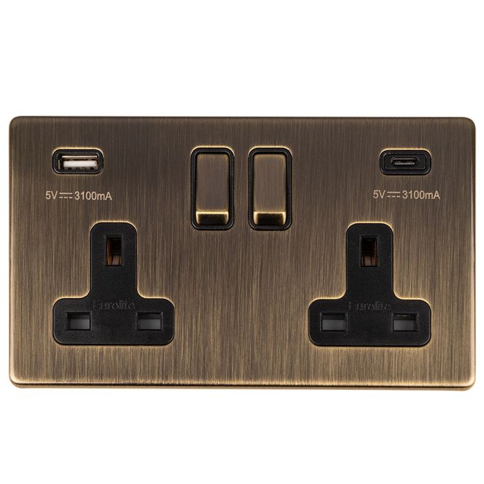 Eurolite Concealed 3mm 2 Gang 13Amp Switched Socket With Usb C Ant Brass - Antique Brass