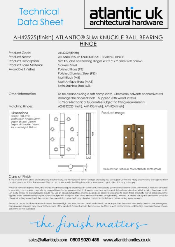 Atlantic Slim Knuckle Ball Bearing Hinges - Polished Stainless steel AH42525PSS