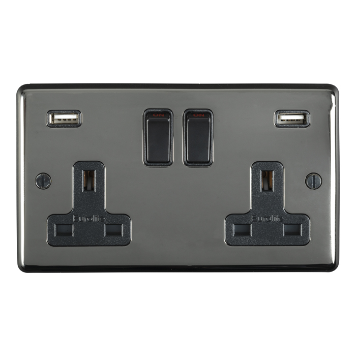 Eurolite Bn2Usbb 2 Gang 13Amp Switched Socket With Combined 4.8 Amp Usb Outlets Round Edge Black Nickel Plate Black Rockers
