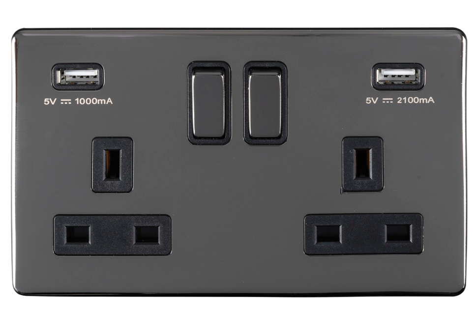 Eurolite Ecbn2Usbbnb 2 Gang 13Amp Switched Socket With Combined 3.1Amp Usb Outlets Concealed Black Nickel Plate Matching Rockers Black Trim