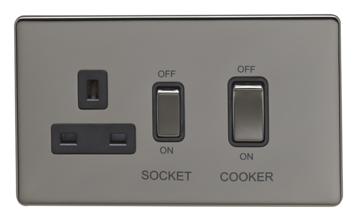 Eurolite Ecbn45Aswasbnb 45Amp Dp Cooker Switch With 13Amp Socket Concealed Black Nickel Plate Matching Rockers Black Trim