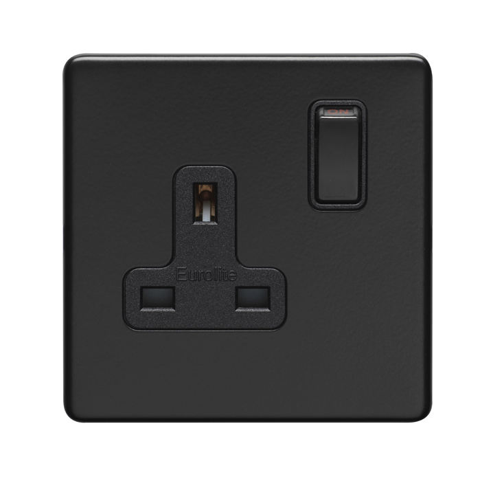 Eurolite Ecmb1Sob 1 Gang 13Amp Dp Switched Socket Flat Concealed Matt Black Plate Black Rocker