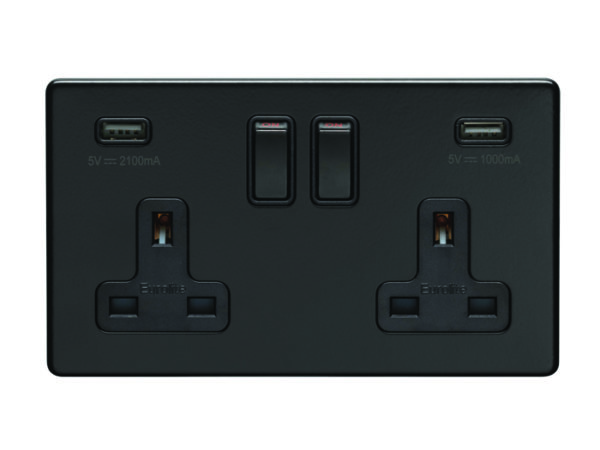 Eurolite Mb2Usbb 2 Gang 13Amp Switched Socket With Combined 4.8 Amp Usb Outlets Round Edge Matt Black Plate Black Rockers