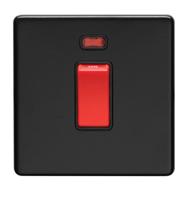 Eurolite Ecmb45Aswnb 2 Gang 45Amp Dp Switch With Neon Flat Concealed Matt Black Plate Red Rocker
