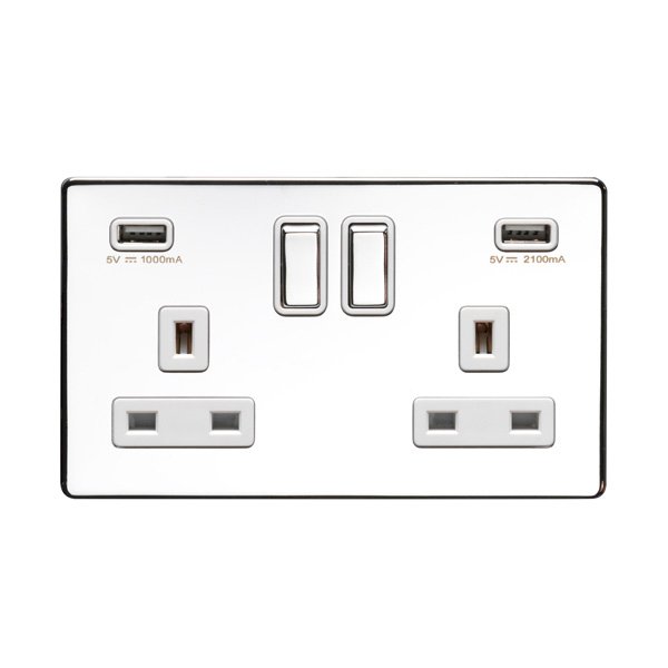 Eurolite Ecpc2Usbpcw 2Gang 13Amp Switched Socket With Combined 3.1Amp Usb Outlets Concealed Polished Chrome Plate Matching Rockers White Trim