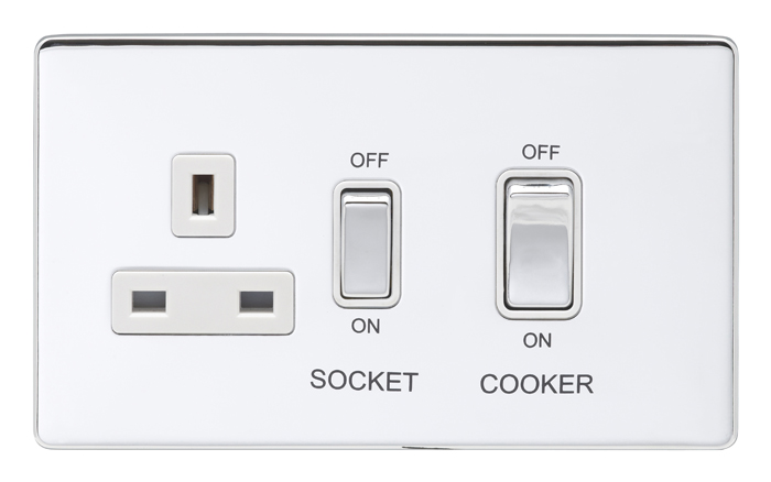 Eurolite Ecpc45Aswaspcw 45Amp Dp Cooker Switch With 13Amp Socket Concealed Polished Chrome Plate Matching Rockers White Trim
