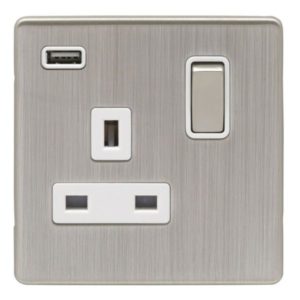 Eurolite Ecsn1Usbsnw 1 Gang 13Amp Switched Socket With 2.1 Amp Usb Outlet Concealed Satin Nickel Plate Matching Rocker White Trim