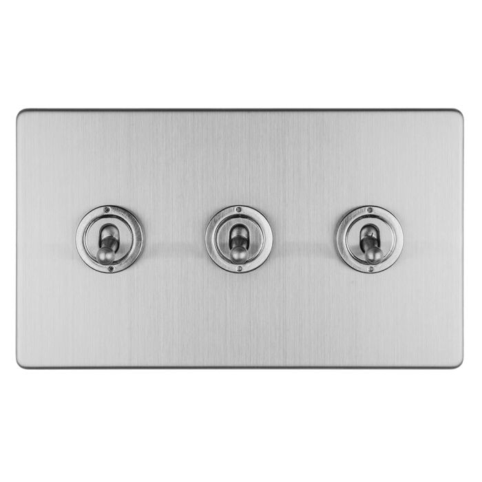 Eurolite Concealed 3mm 3 Gang 10Amp 2Way Toggle Switch Satin Stainless Plate - Stainless Steel